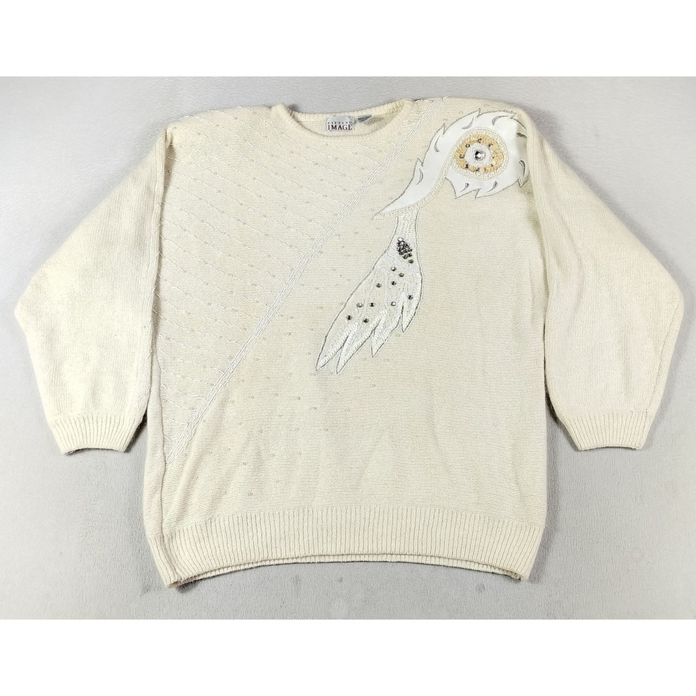Vintage Fitting Image Sweater Womens 3X White Beaded Angora Silk Knit Rhinestone